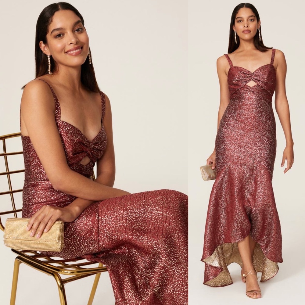 ML Monique Lhuillier Metallic High-Low Jacquard Gown 4 Sleeveless Formal